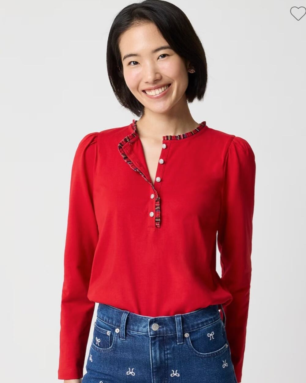 J. CREW Long Sleeve Tartan And Jewels Henley Top Cardinal Red Sz S NWT {3D2}